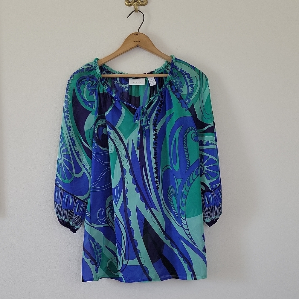 Chico's Blue Green Sheer Ruffle Tie Neck Blouse Size Medium